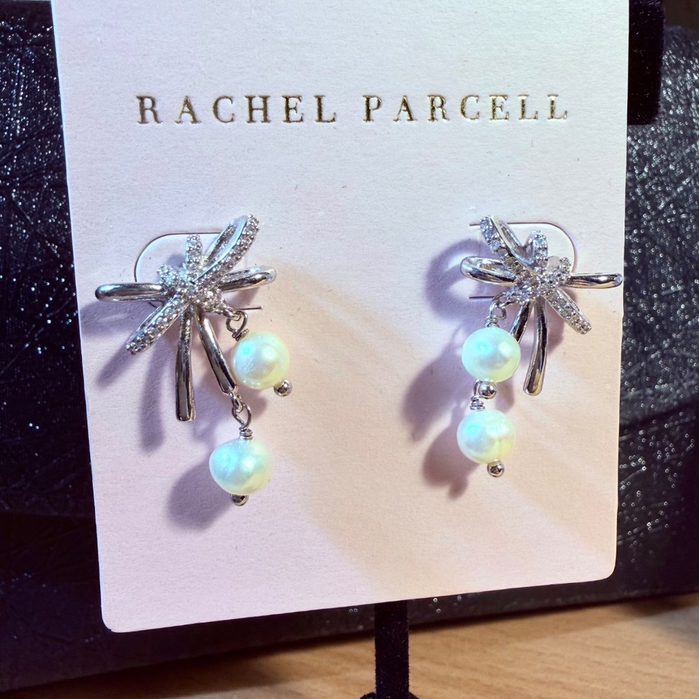 Rachel Parcell PearlEarrings ⭐️ NEW Silver Crystal BOW PIERCED POST-ELEGANT